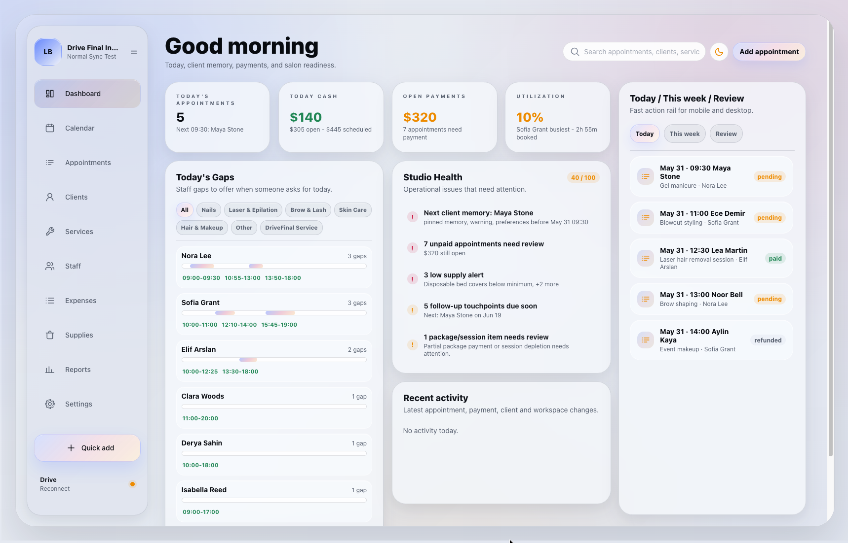 Beauty Studio Manager dashboard preview