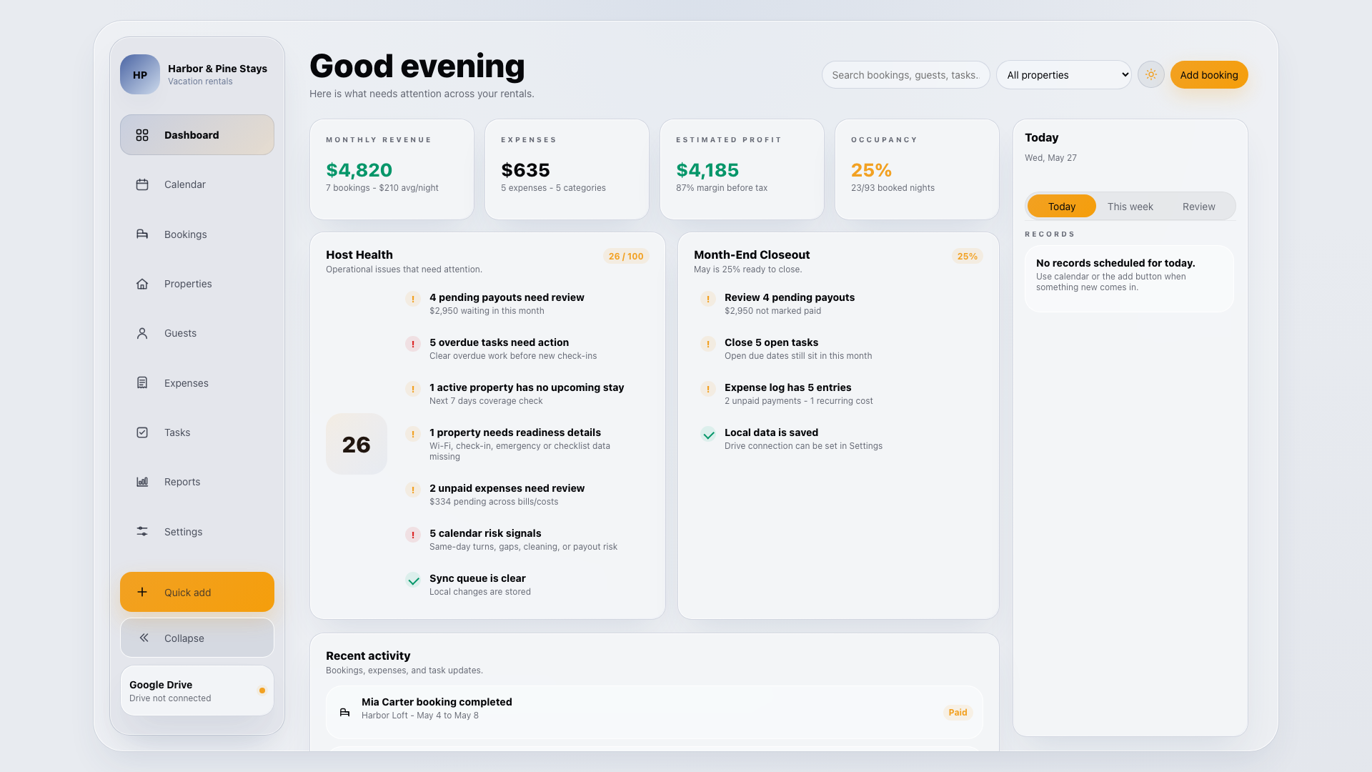 Vacation Rental Host Manager dashboard preview